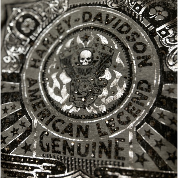 Harley Davidson Rhinestone Shirt Sleeve Gray Black Skull Motorcycle Sz Large - Picture 3 of 12